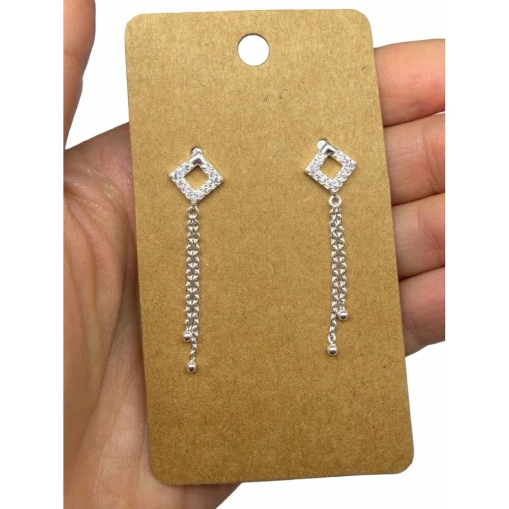 Cubic Zirconia Solid 925 Sterling Silver Earrings Long Chain Dangle Drop